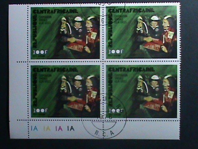 CENTRAL AFRICA-1976 COOPERATION OF USSR &  USA- SPACE HEROES-CTO BLOCK OF 4- VF