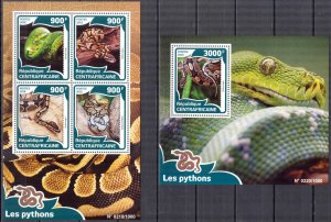 Central African Republic 2016 Snakes Sheet + S/S MNH