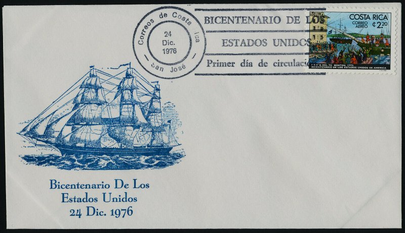 Costa Rica C680 on FDC - Boston Tea party, Ships, American Bicentennial 