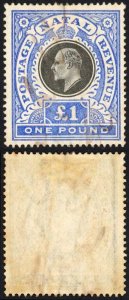 Natal SG142 One Pound Black and Bright Blue Fiscal Cancel