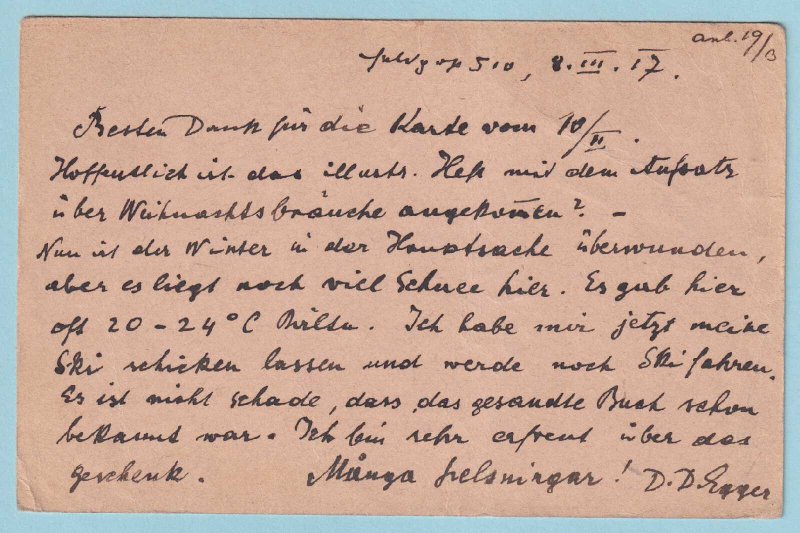 GERMANY - 1917 FELDPOST POSTCARD AND CANCEL - CENSORED - TO STOCKHOLM - CR450