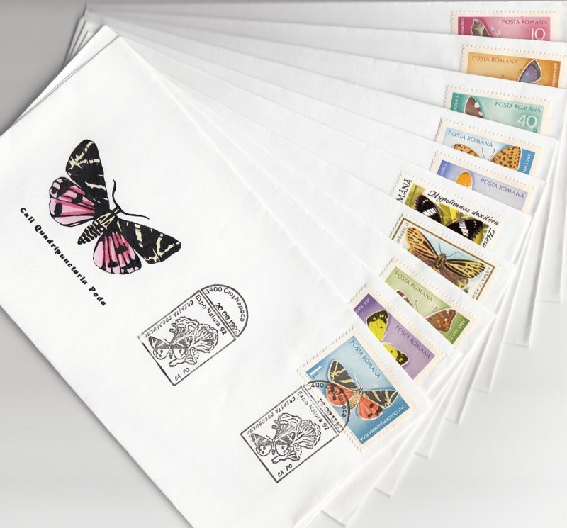Romania, AUG/92 issue. Butterfly & Mushroom cancels on 10 Cachet covers.