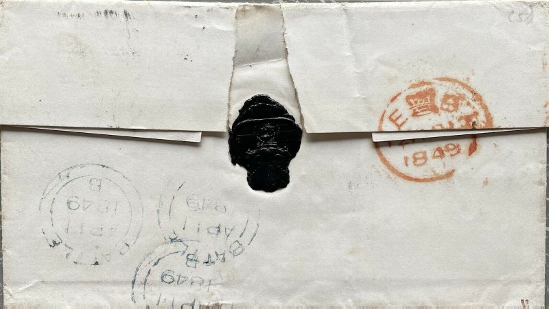 GB QV 1849 ENTIRE PENNY RED IMPERF ‘PF’ BLUED PAPER FROM BATTLE TO LONDON 11 APR