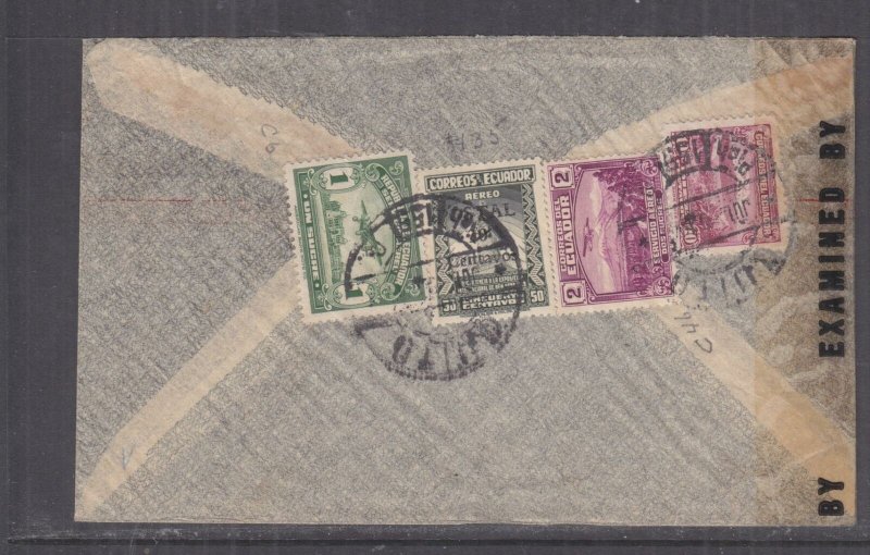 ECUADOR, 1943 Airmail Censored cover, Quito to USA, 10c., 50c., 1s. & 2s.