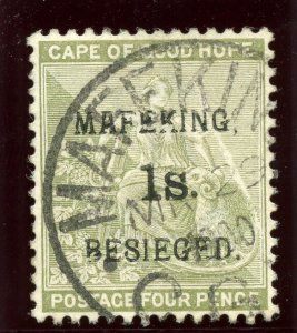 Cape Mafeking 1900 1s on 4d sage-green (Type 5 surch) VFU. SG 5. Sc 166.