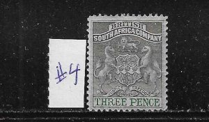 RHODESIA SCOTT #4 1890-94 COAT OF ARMS 3P (GRAY/GREEN) - MINT HINGED