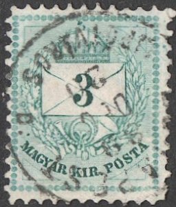 HUNGARY 1881 Sc 19f, 3k, used  VF BUDAPEST 1889 postmark, p. 11-1/2x13, CV $60