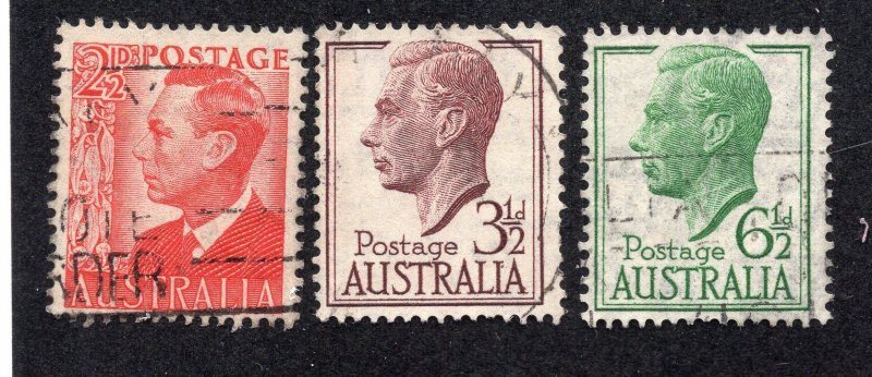 Australia 1950-52 2 1/2p, 3 1/2p & 6 1/2p George VI, Scott 234, 236, 238A used
