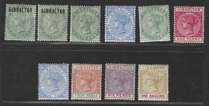 GIBRALTAR 1886/1898 S.G. 1, 3, 11, 39, 40, 42, 43, 44, 45 STERLING CURRENCY MINT