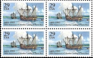 1993 Columbus Landing in Puerto Rico Block of 4 29c Stamps, Sc# 2805, MNH, OG