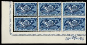 Liechtenstein #237, 1949 UPU, corner margin block of six, never hinged