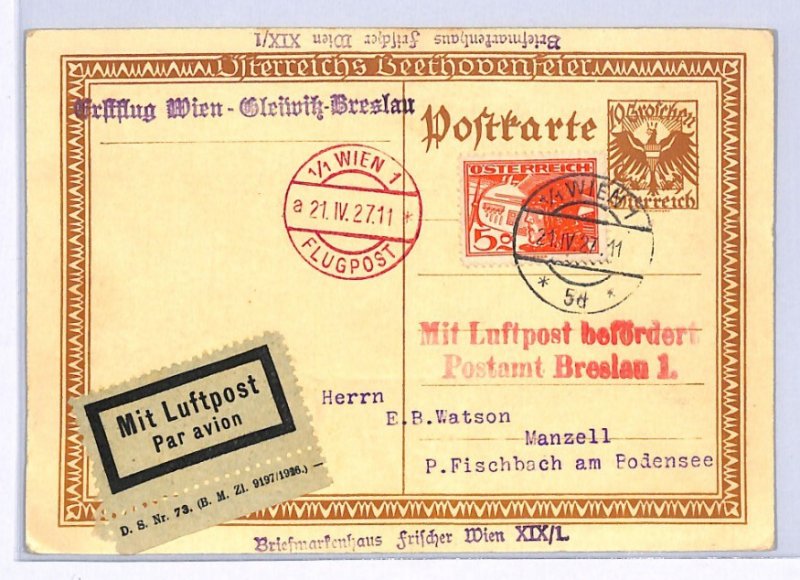 AUSTRIA Air Mail Postcard 1927 FIRST FLIGHT GERMANY Breslau/Gleiwitz XF282