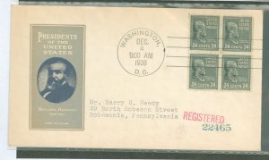 US 828 1938 24c Benjamin Harrison (part of the 1938 prexy series) block of four on an addressed (typed) FDC with an Ioor cachet