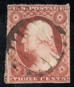 US #11 VF, sock on the nose grid cancel, tear, fresh color!