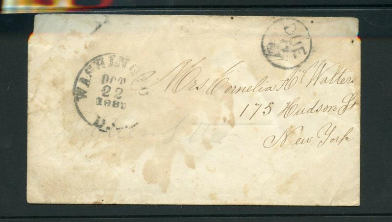 UNITED STATES OCT 22, 1881 PO   STAMPLESS COVER WASHINGTON DC TO NY  AS SHOWN