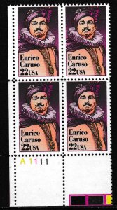 U.S. Scott 2250, Enrico Caruso, Plate Block of (4) 1987 22¢ Stamps, VF/NH