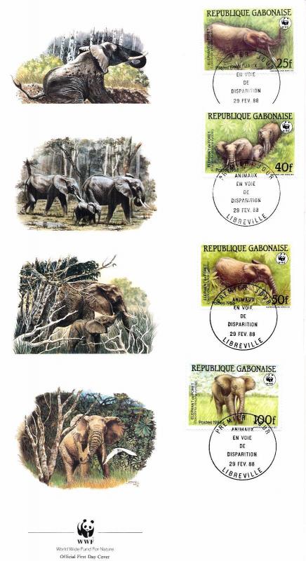 [54147] Gabon 1988 Wild animals Mammals WWF Elephants FDC 4 covers