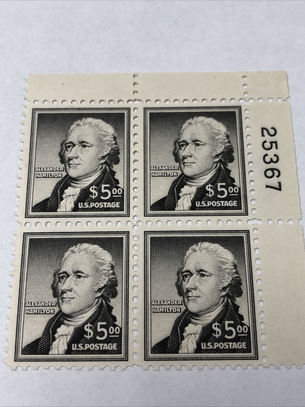 US 1053 Hamilton $5  Plate Block Of 4 Very Fine Mint Never Hinged 