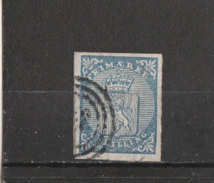 Norway  Scott#  1  Used with 4 good margins  (1855 Coat of Arms)