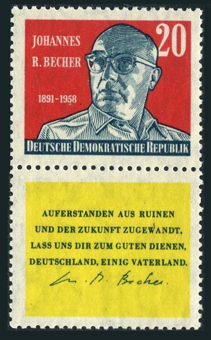 Germany-GDR 466-label,MNH.Mi 712. Johannes R.Becher,writer,1959.National anthem.