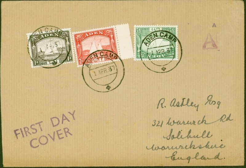 Aden 1 APR 1937 1st Day Cover to England A Cache in Violet Fine SG1 SG3 & SG4