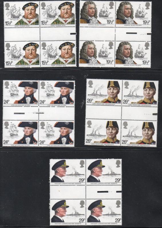 Great Britain Sc 991-5 1982 Royal Navy stamps gutter blocks of 4 mint NH