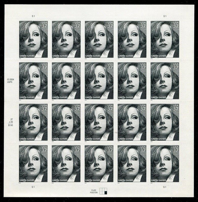 3943 Greta Garbo Sheet of 20 37¢ Stamps MNH 2005 