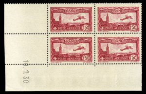 France, Air Post #C5 Cat$160, 1930 1.50fr deep claret, Coin Date block of fou...