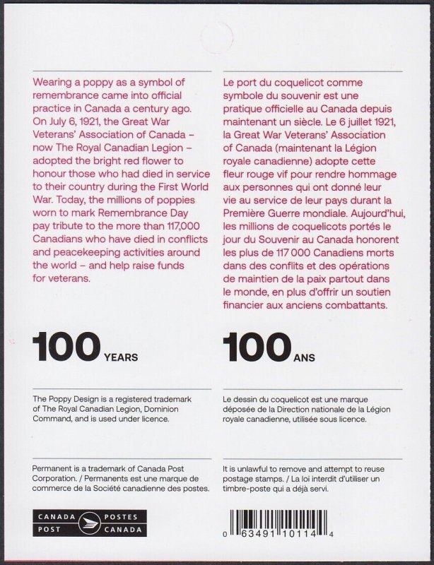 Canada 2021 #3307a = REMEMBRANCE POPPY 100th Anniversary = Booklet of 10 stamps