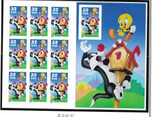 US #3204 1998 SYLVESTER & TWEETY - PANE OF 10 32C STAMPS- MINT NEVER HINGED