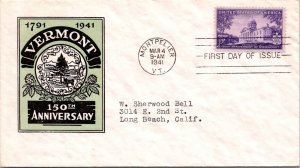 1941 FDC - Vermont 150th Anniversary - Better Cachet - Montpelier, VT - F32789