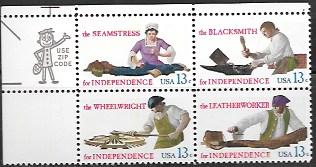 US #1717-20 Zip Code Block - For Independence. Seamstress, Blacksmith, Leather