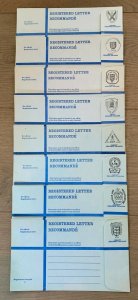 Jersey, mint 1973-78 Registered Letter Envelopes, 8 different size H,  F-VF