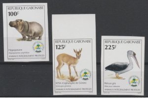 1998 Gabon ND Mi. 1403 - 1405 Protected Wildlife Animals Hippo Pelican Bird-