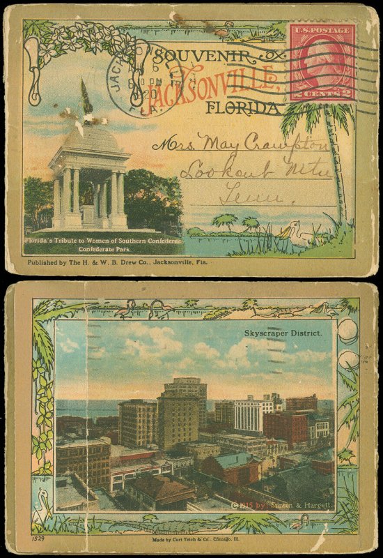 1920 Jacksonville FL Cds, Jax Souvenir Picture Foldout Booklet to Lookout Mtn TN