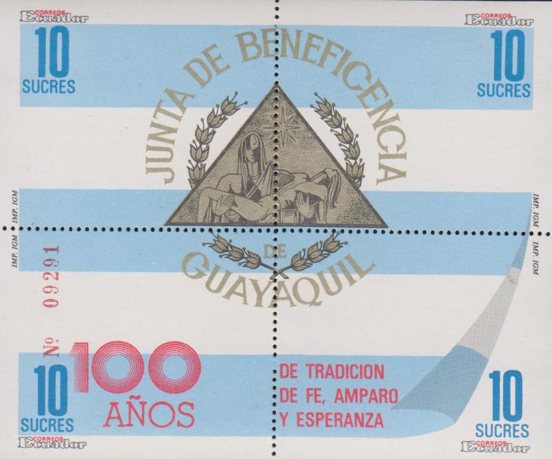 B)1988 ECUADOR, EMBLEM, DE TRADICION DE FE, AMPARO Y ESPERANZA”,