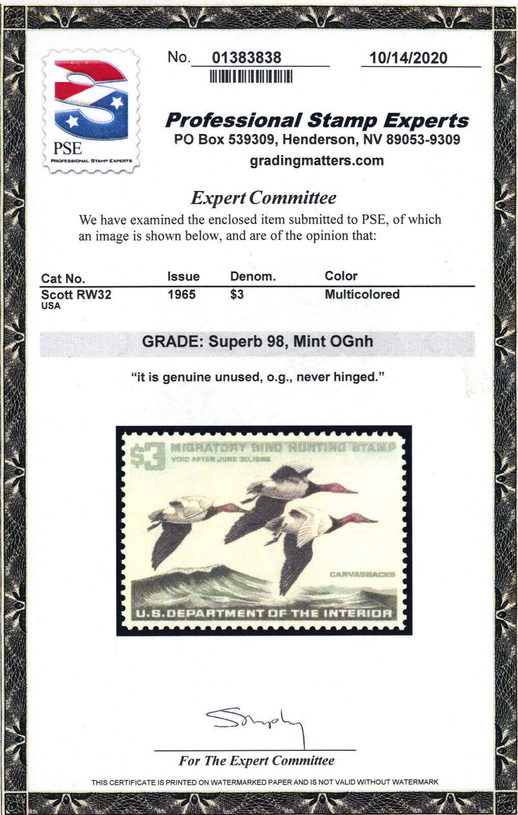 USA Scott RW 32 Mint NH PSE 98 SMQ 325 (53496) United States, Stamp