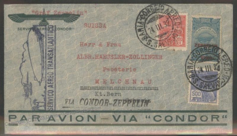 Brazil 1932 Graf Zeppelin Mi235A Flown Cover Bern Switzerland Beuerle Est 112507