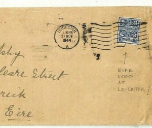 EIRE Stamp Used GB LEICESTER!! WW2 Censor Cover RARE Unusual 1944 Limerick AB384