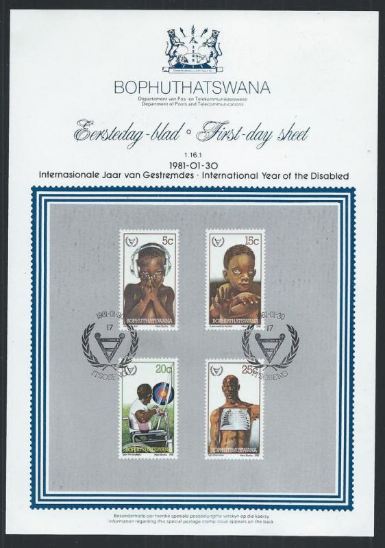 BOPHUTHATSWANA SC# 68-71 1ST DAY SHEET 1.16.1 FVF/CTO 