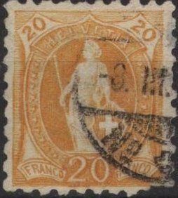 Switzerland 89 (used, torn corner) 20c Helvetia, orange (1888)