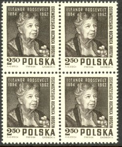 POLAND 1964 ELEANOR ROOSEVELT Issue BLOCK OF 4 Sc 1272 MNH