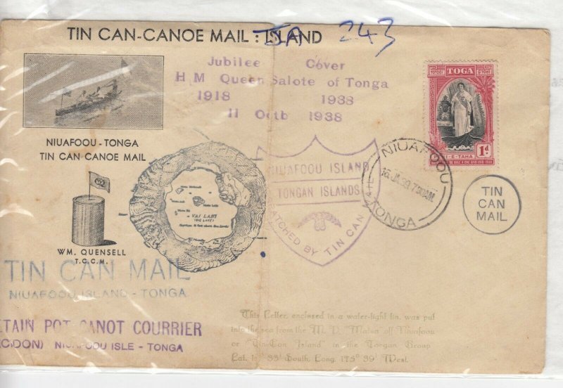 Tonga Toga 1938 Tin Can-Canoe Jubilee Cover Postal History J8927