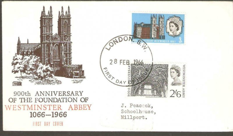 1966  WESTMINSTER ABBEY FIRST DAY COVER  WITH  LONDON CANCEL