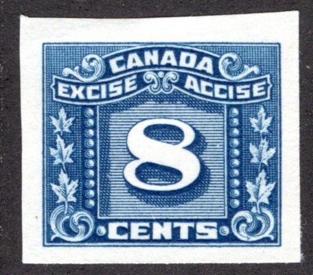 van Dam FX101 - 8c blue, imperforate 3 Leaf Excise Tax, MLH, Canada Revenue