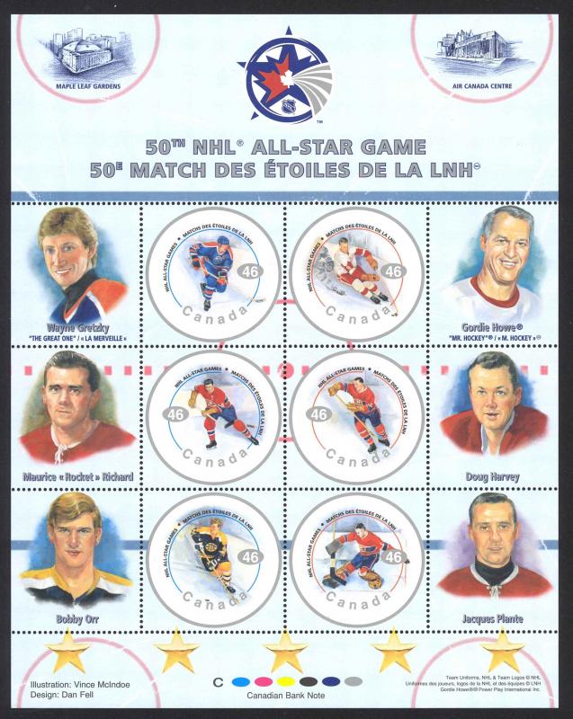 Canada Sc# 1838 MNH Pane/6 2000 46¢ NHL All Stars