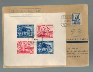 1937 Epila Spain Airmail Censored cover to Belgium Pro Rodana Souvenir Sheet