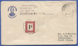 TRISTAN  DA CUNHA 1937 Unpaid cover to South Africa on KGVI Coronation Day