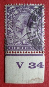 SG423 George V 1924-26 Harrison 3d Violet Imperf Control V34 CDS Used