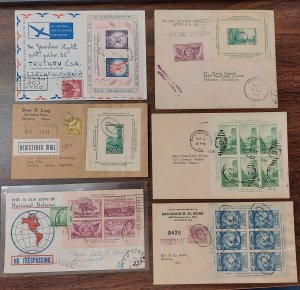 1934/58, Group of 6 covers franked w/Souvenir Sheets, 1 to Czech/1 to Canada, VF